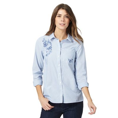 Blue striped embroidered floral shirt